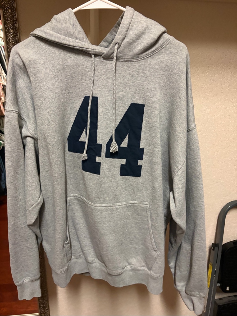 Brandy Melville Light Gray Hoodie with Navy '44' Graphic